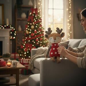 🎄🦌 Anthropologie Sock Monkey Reindeer Plush Tree Topper 🐒✨ Rare 2016 Holiday